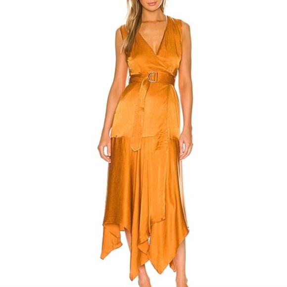 Karina Grimaldi Rhoda Maxi Dress Safran Orange Gold Belted Faux Wrap Satin XS - Picture 1 of 7